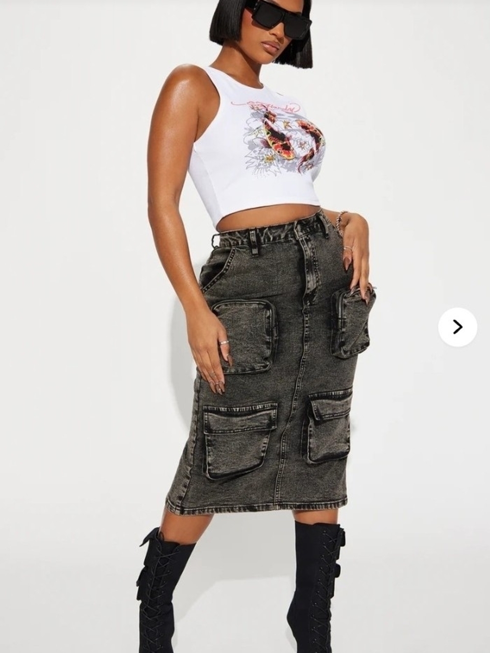 Fashion Nova Washed Black Cargo Midi Skirt